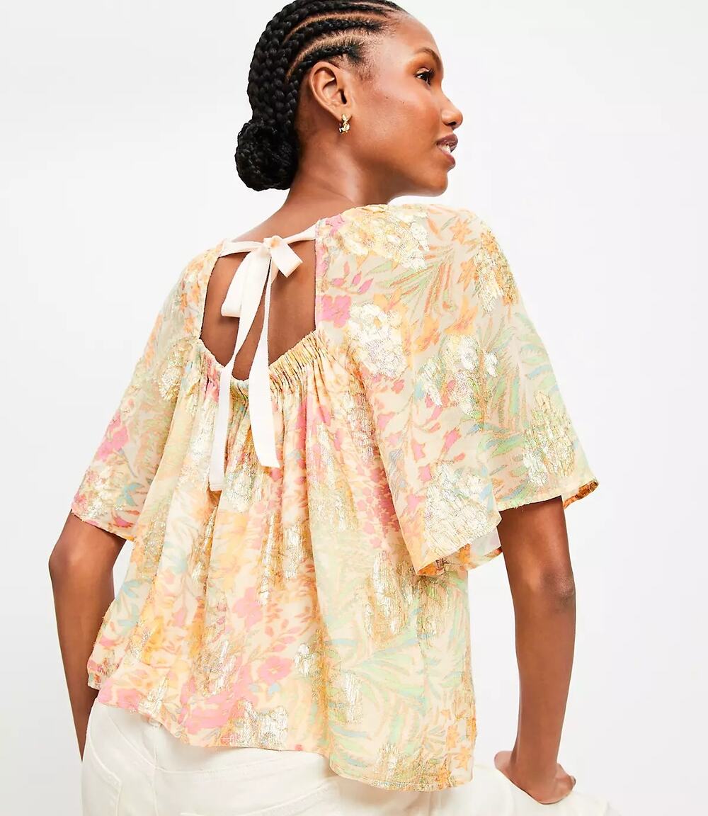 [LOFT] Shimmer Metallic Floral Tie Back Flutter Sleeve Blouse NWT Size Medium M